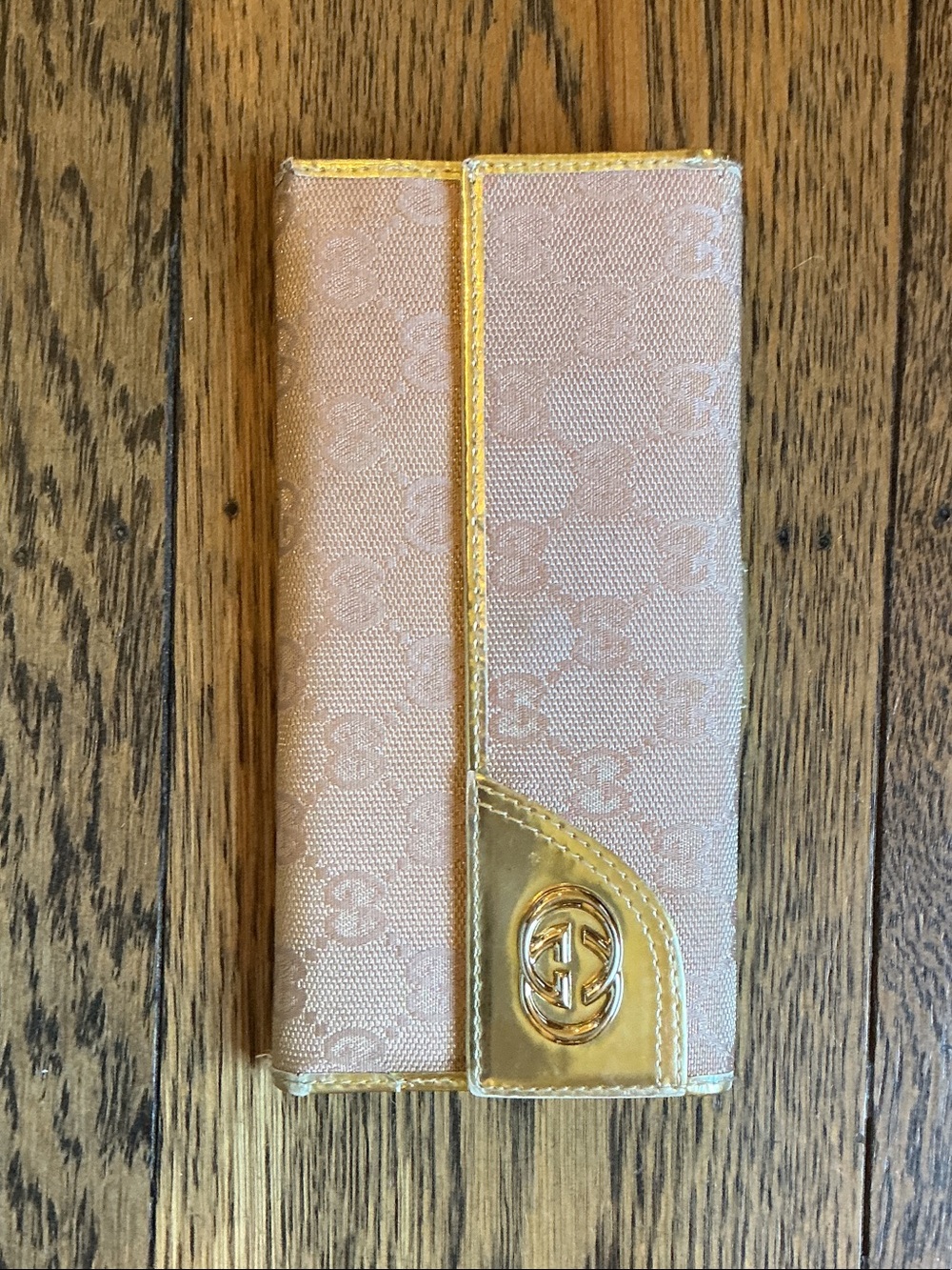 Gucci Vintage GG Canvas Sukey Continental Wallet Gold Trim
